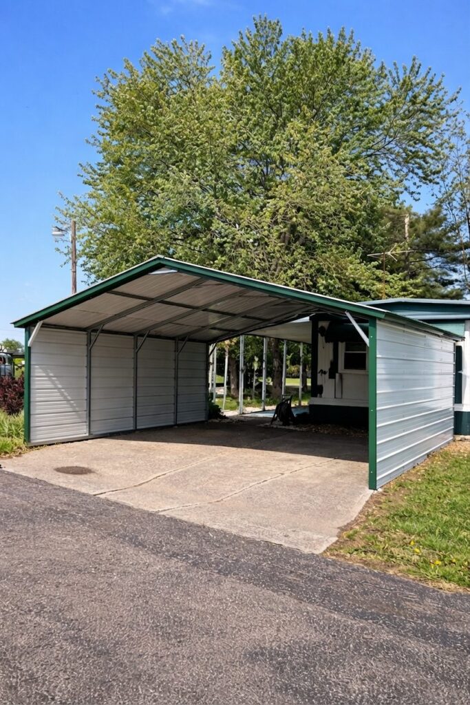 Metal carport in Owasso, OK, featuring a spacious design and green trim, set against a clear blue sky.