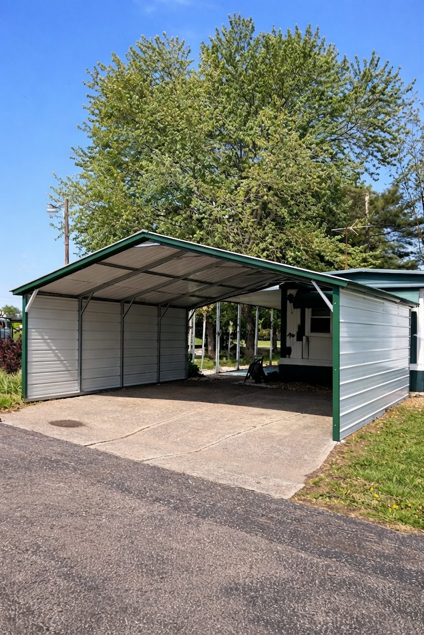 Metal carport in Owasso, OK, featuring a spacious design and green trim, set against a clear blue sky.