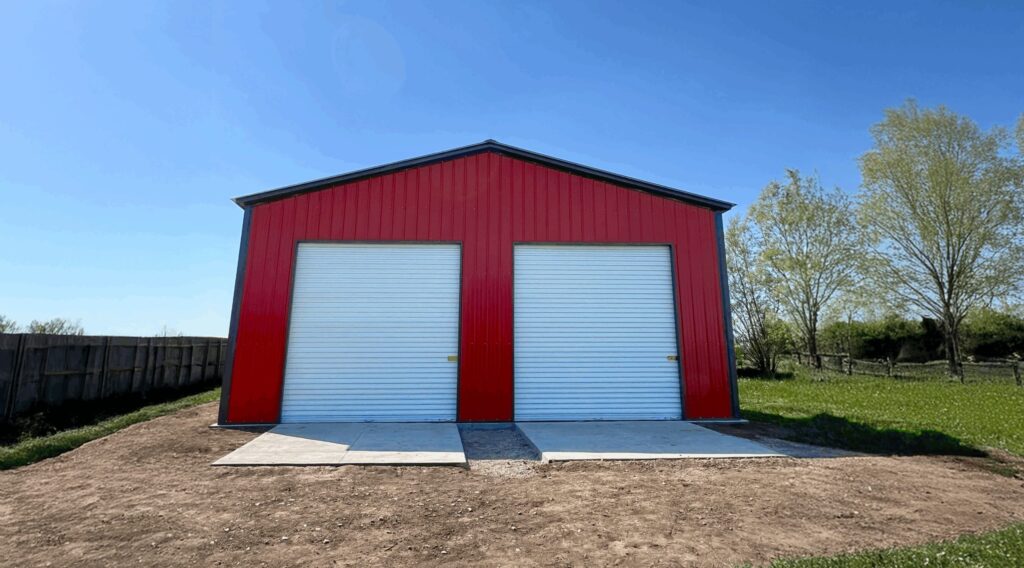 Red clear span building with two roll-up doors, set in a grassy area under a clear blue sky.