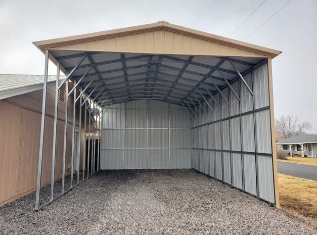 A-frame carport structure with a metal frame and gravel flooring, showcasing building details for Carrollton TX.