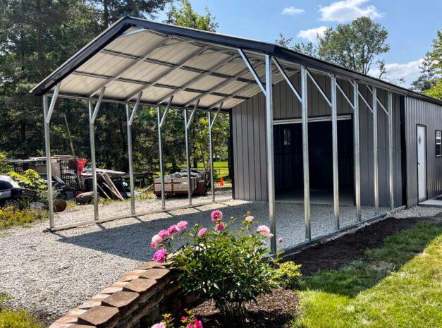 Custom RV carport with a metal structure and open sides, surrounded by landscaping in Balch Springs, TX.