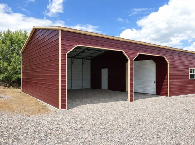Custom carport in Baytown, TX, featuring a red exterior and two large openings for vehicle access.