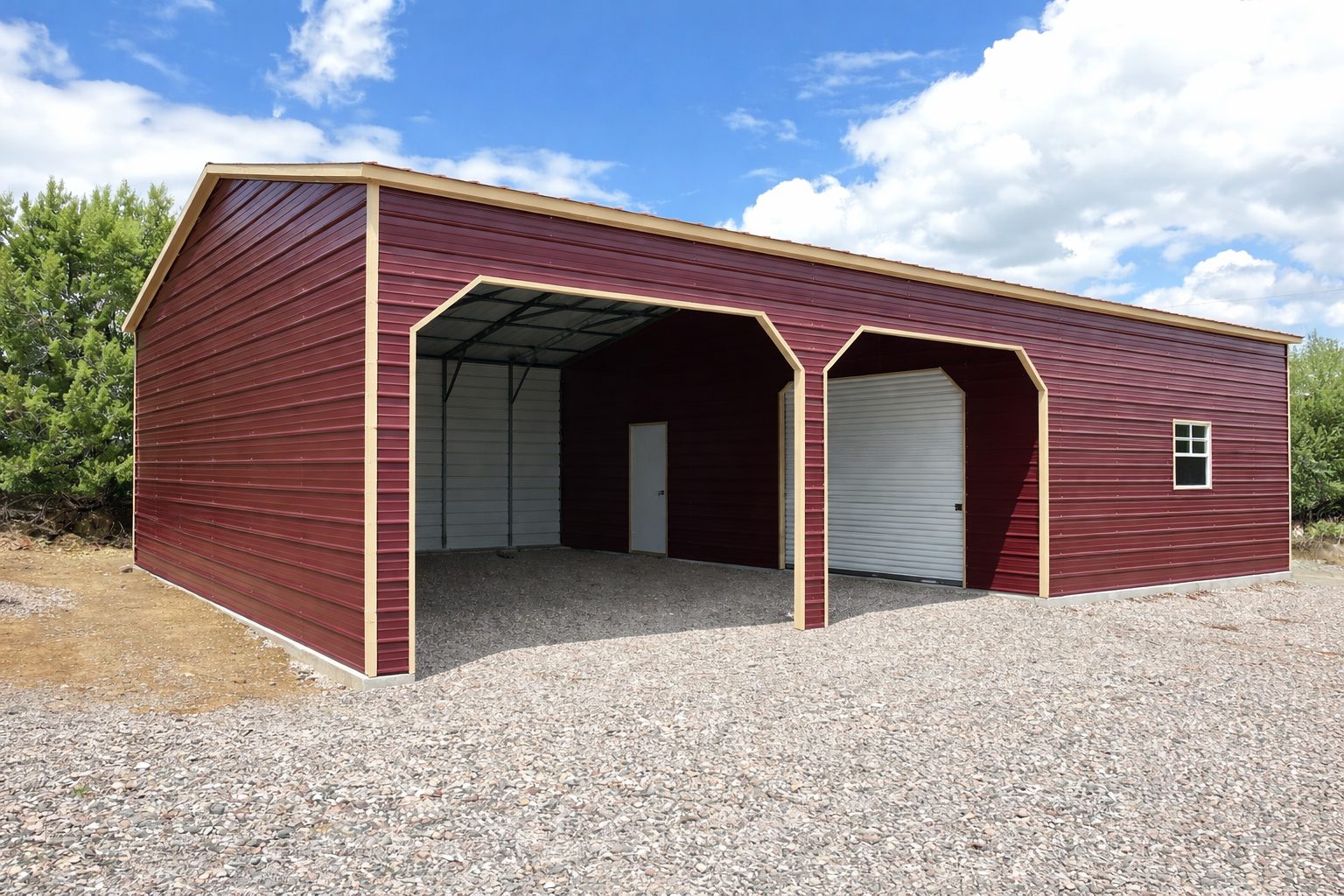 Custom carport in Baytown, TX, featuring a red exterior and two large openings for vehicle access.