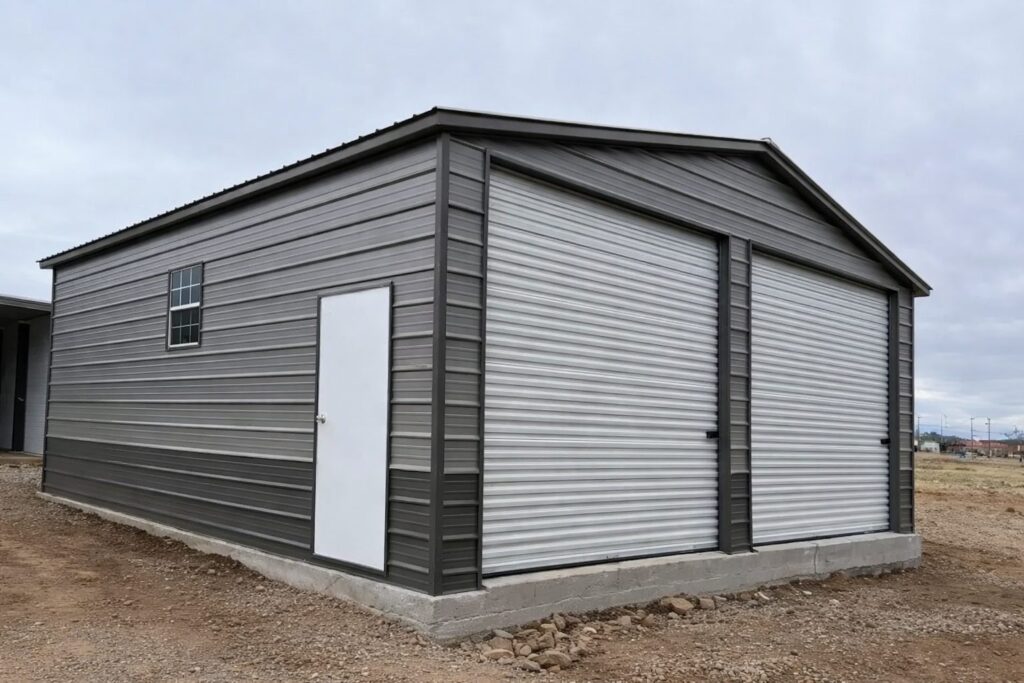 Standard garage structure in Big Rapids, MI, featuring metal siding and roll-up doors.