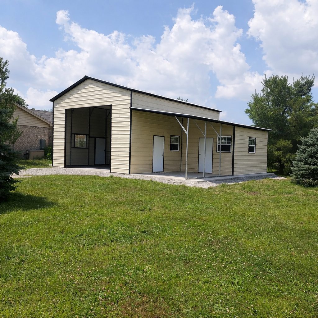 Custom garage in Bloomfield Hills, featuring a spacious design and available color options, set in a grassy area.