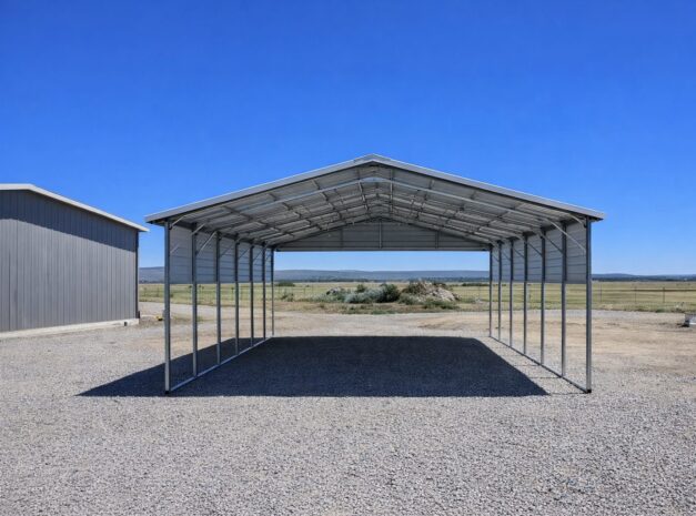 A steel structure with a traditional roof design, ideal for various construction uses and outdoor storage.