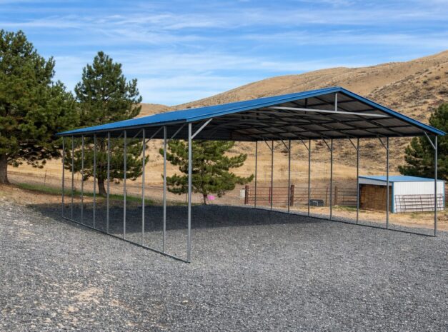 A-frame carport with a blue roof and open sides, set against a hilly landscape in Bryan, TX.