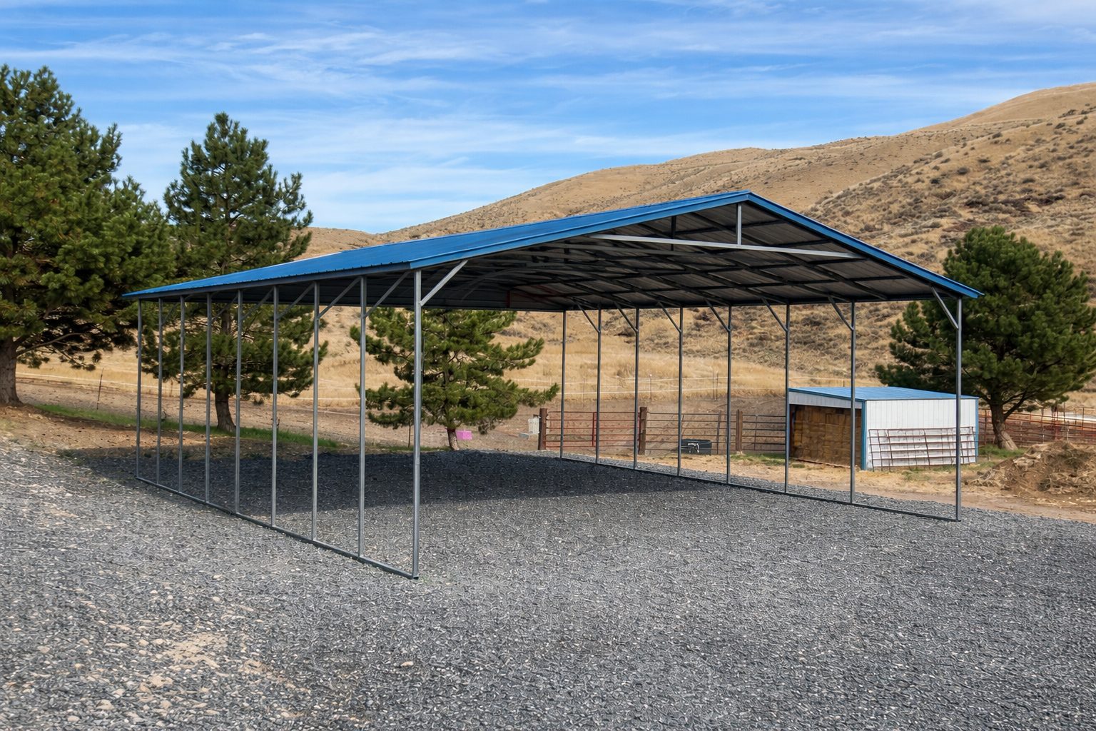 A-frame carport with a blue roof and open sides, set against a hilly landscape in Bryan, TX.