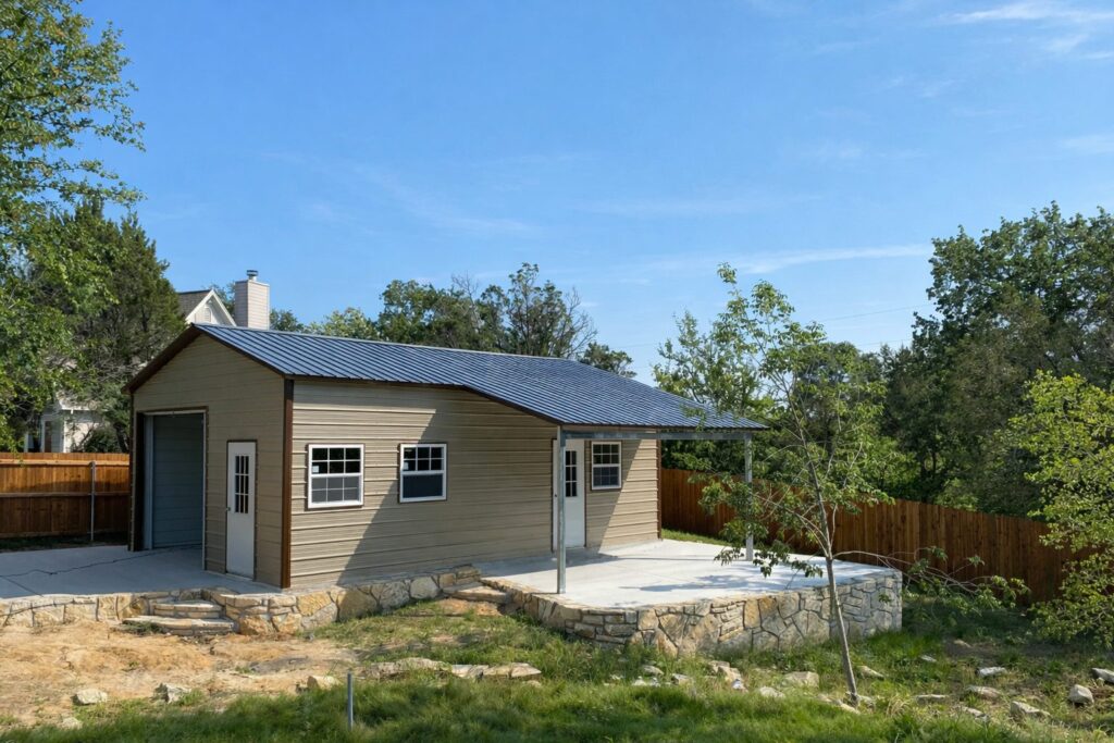 Utility shed in Burleson, TX, featuring a metal roof and stone foundation, surrounded by greenery.