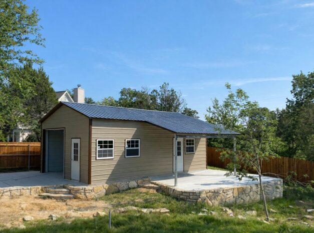 Utility shed in Burleson, TX, featuring a metal roof and stone foundation, surrounded by greenery.