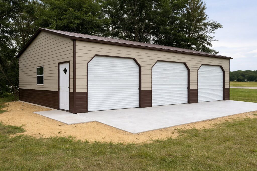 Expansive garage with three roll-up doors and a concrete pad, surrounded by grass and trees in Canton, OH.