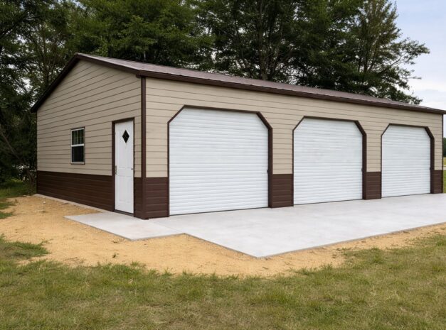Expansive garage with three roll-up doors and a concrete pad, surrounded by grass and trees in Canton, OH.