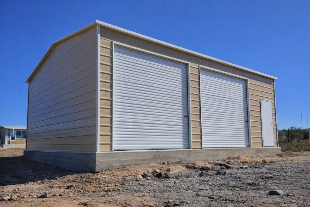 Standard shed with roll-up doors, showcasing durable construction and design options in a clear blue sky.