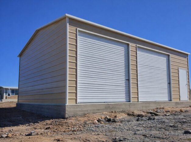 Standard shed with roll-up doors, showcasing durable construction and design options in a clear blue sky.