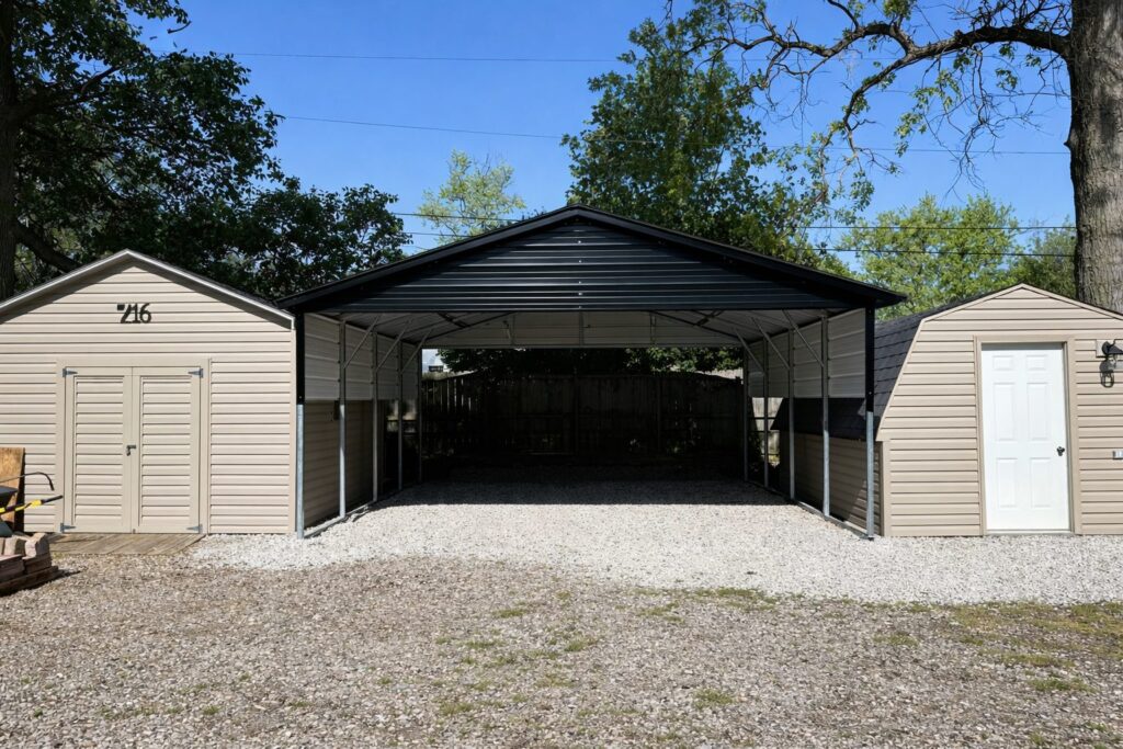 A-frame carport with two storage sheds on either side, surrounded by gravel and trees in Chandler, AZ.