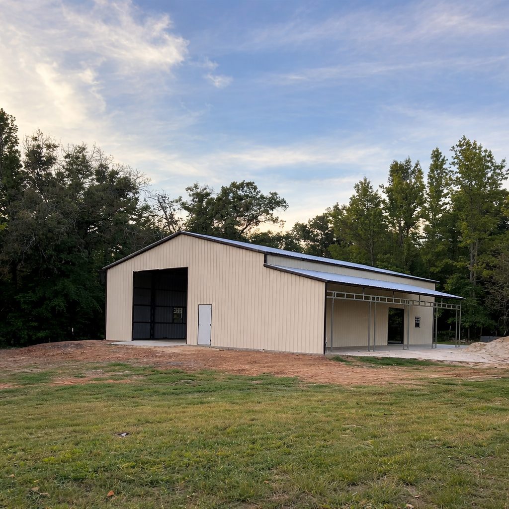 Modified clear span building in Cincinnati, showcasing a beige exterior and large windows.