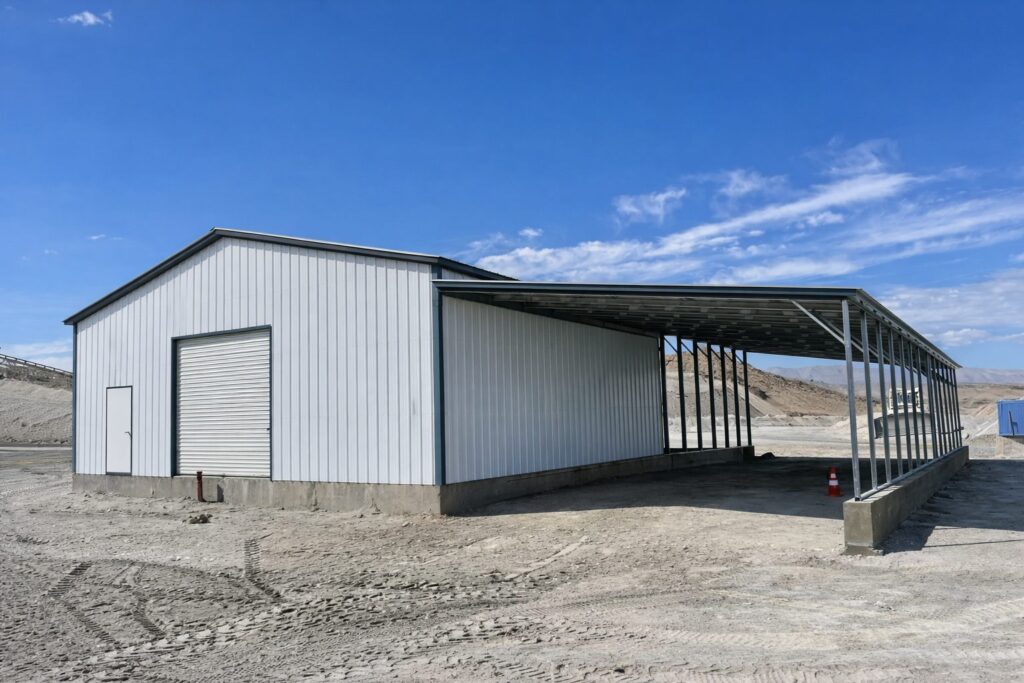 Custom carport structure with a metal frame and a large covered area, set against a clear blue sky.
