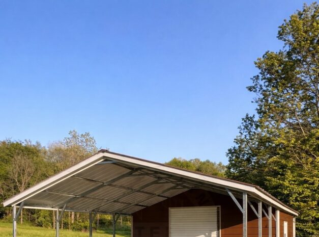 Utility shed in Clifton, TX, featuring a metal roof and brown siding, set in a grassy area.
