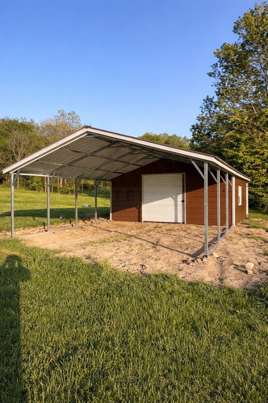 Utility shed in Clifton, TX, featuring a metal roof and brown siding, set in a grassy area.