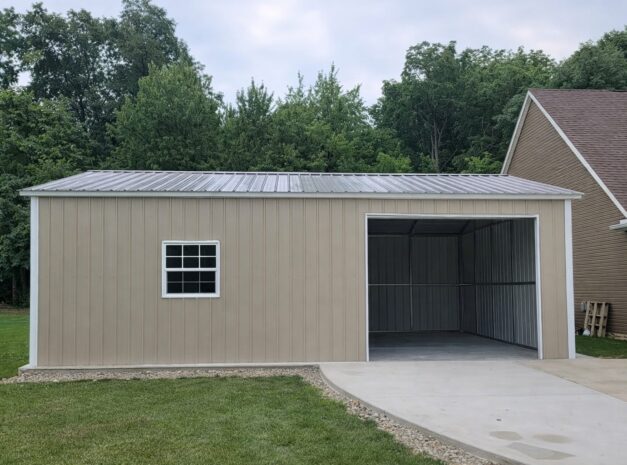 Standard garage structure in Cockrell Hill, TX, featuring a metal exterior and a spacious open bay.