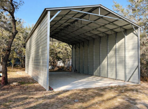 Custom RV carport structure with a spacious interior, designed for protection and storage in College Station, TX.