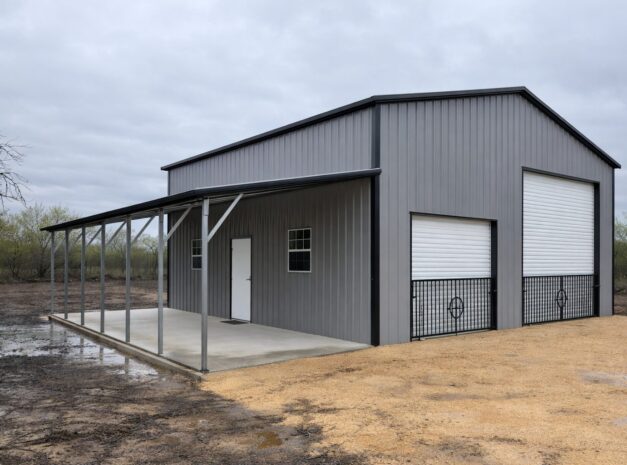 Custom garage in Columbus, OH, featuring a sleek gray exterior and dual roll-up doors.