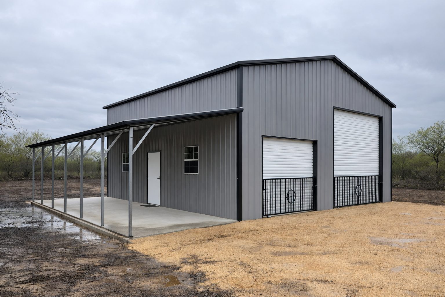 Custom garage in Columbus, OH, featuring a sleek gray exterior and dual roll-up doors.
