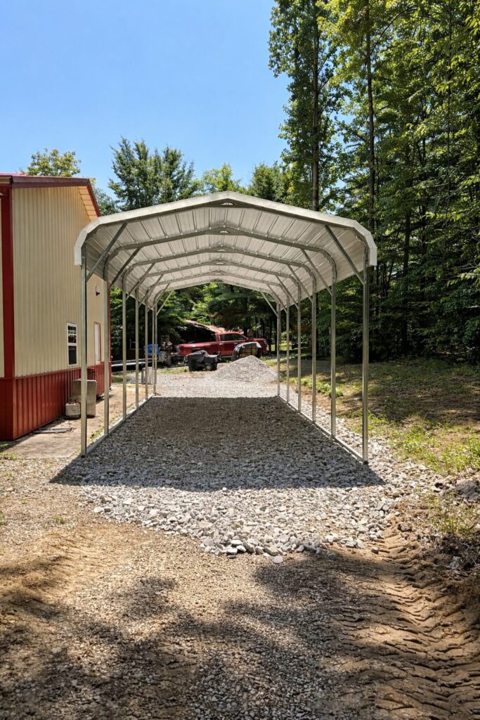 Standard carport structure with a gravel driveway, surrounded by trees, showcasing available color options.
