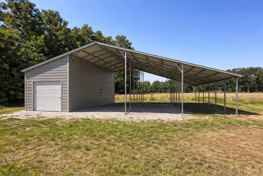 Custom RV carport with a spacious design, featuring a metal structure and open sides, set in a grassy field.