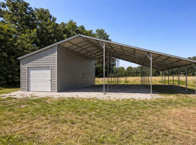 Custom RV carport with a spacious design, featuring a metal structure and open sides, set in a grassy field.