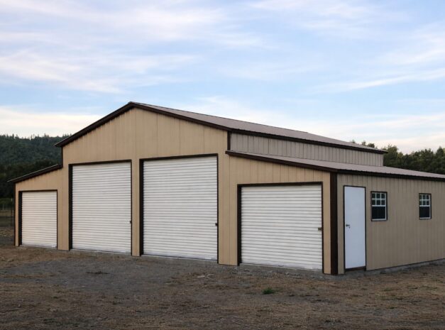 Traditional barn structure in Dublin, OH, featuring multiple garage doors and a beige exterior.