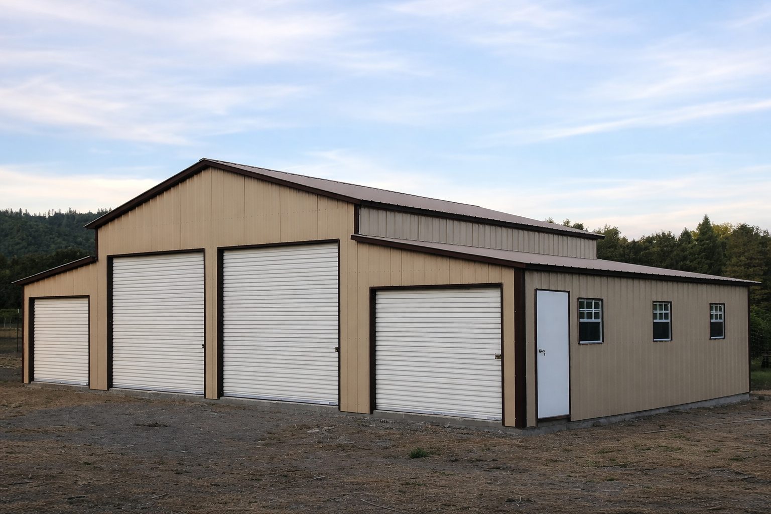 Traditional barn structure in Dublin, OH, featuring multiple garage doors and a beige exterior.