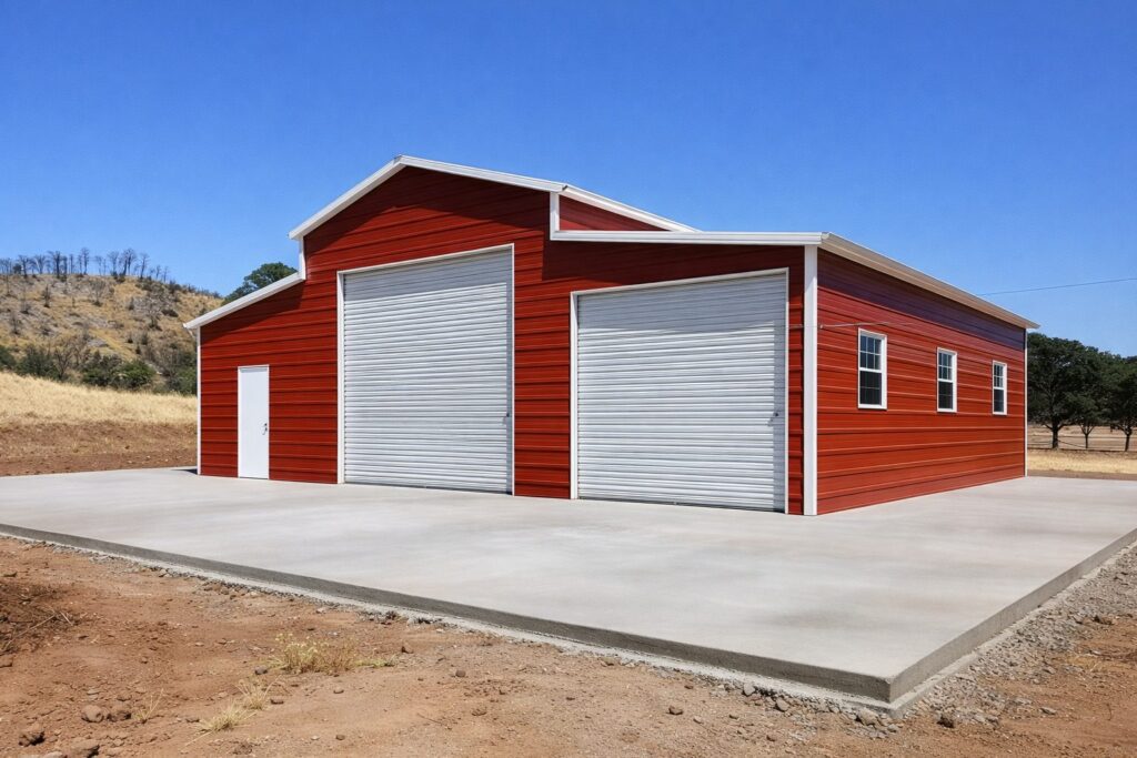 Red traditional barn with large roll-up doors and a concrete foundation in a rural setting.