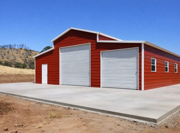 Red traditional barn with large roll-up doors and a concrete foundation in a rural setting.