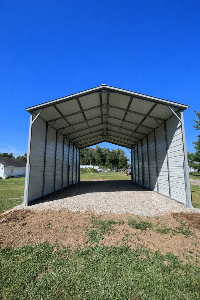 A-frame carport in Florence, KY, showcasing a spacious interior with a clear blue sky above.