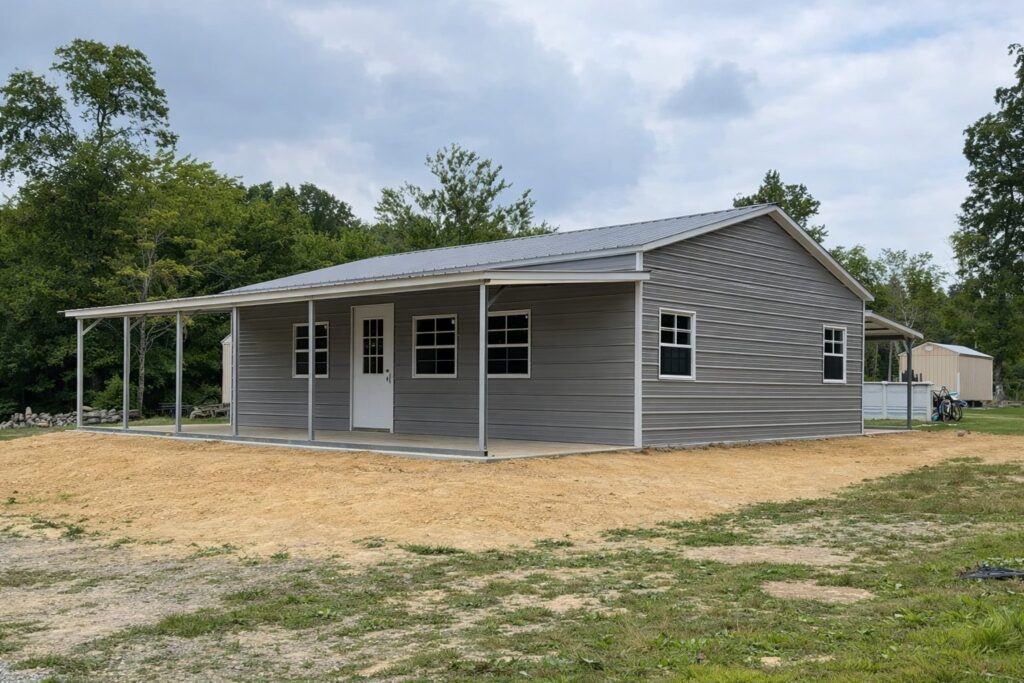 Gray utility shed with a porch, featuring multiple windows, set in a grassy area near trees in Fort Wayne, IN.