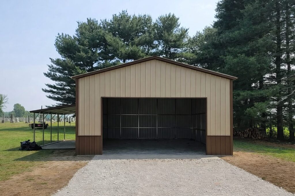 Custom garage structure in Frisco, TX, featuring a metal exterior and a spacious entryway.