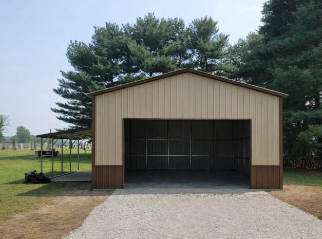 Custom garage structure in Frisco, TX, featuring a metal exterior and a spacious entryway.