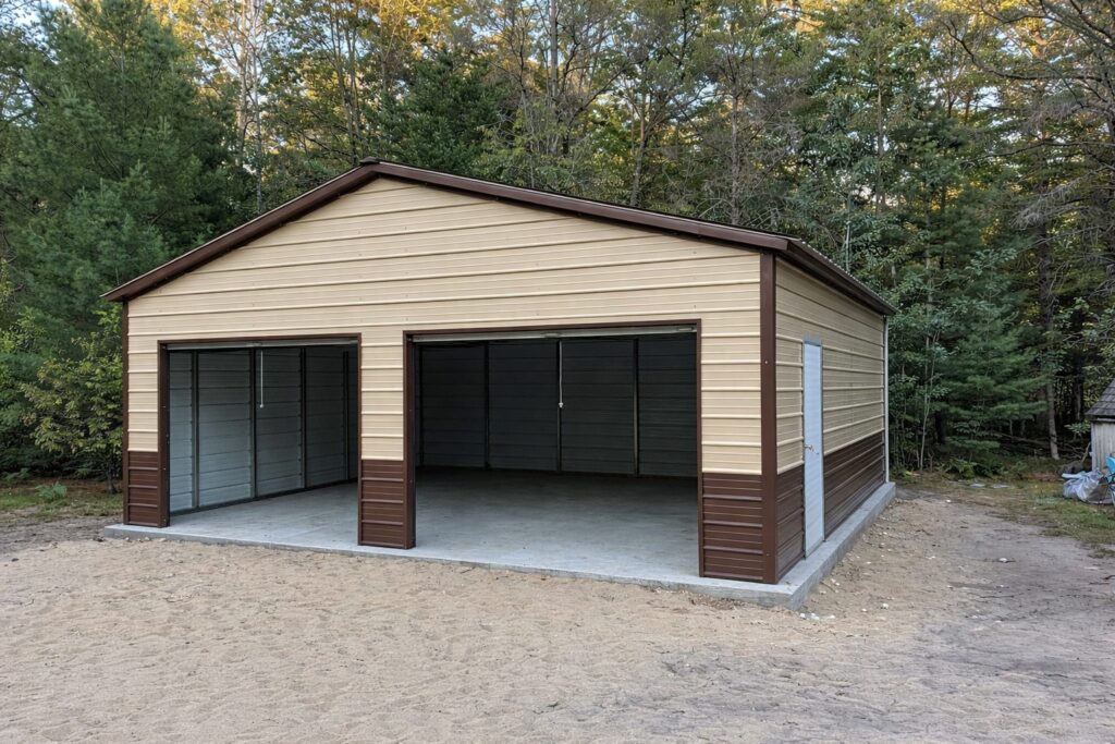 Standard garage structure in Garland, TX, featuring a beige exterior and two large garage doors.