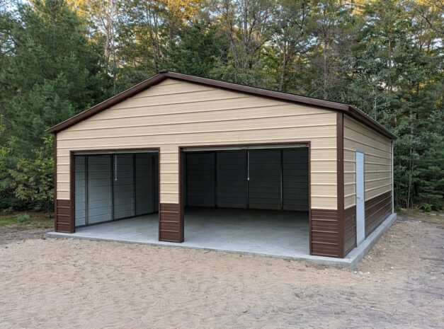 Standard garage structure in Garland, TX, featuring a beige exterior and two large garage doors.