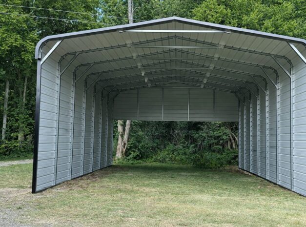 A spacious A-framed carport in Georgetown, KY, showcasing its open design and sturdy metal structure.