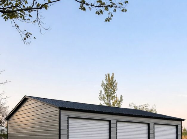 Expansive garage in Glen Rose, TX, featuring three roll-up doors and a sleek black and silver design.