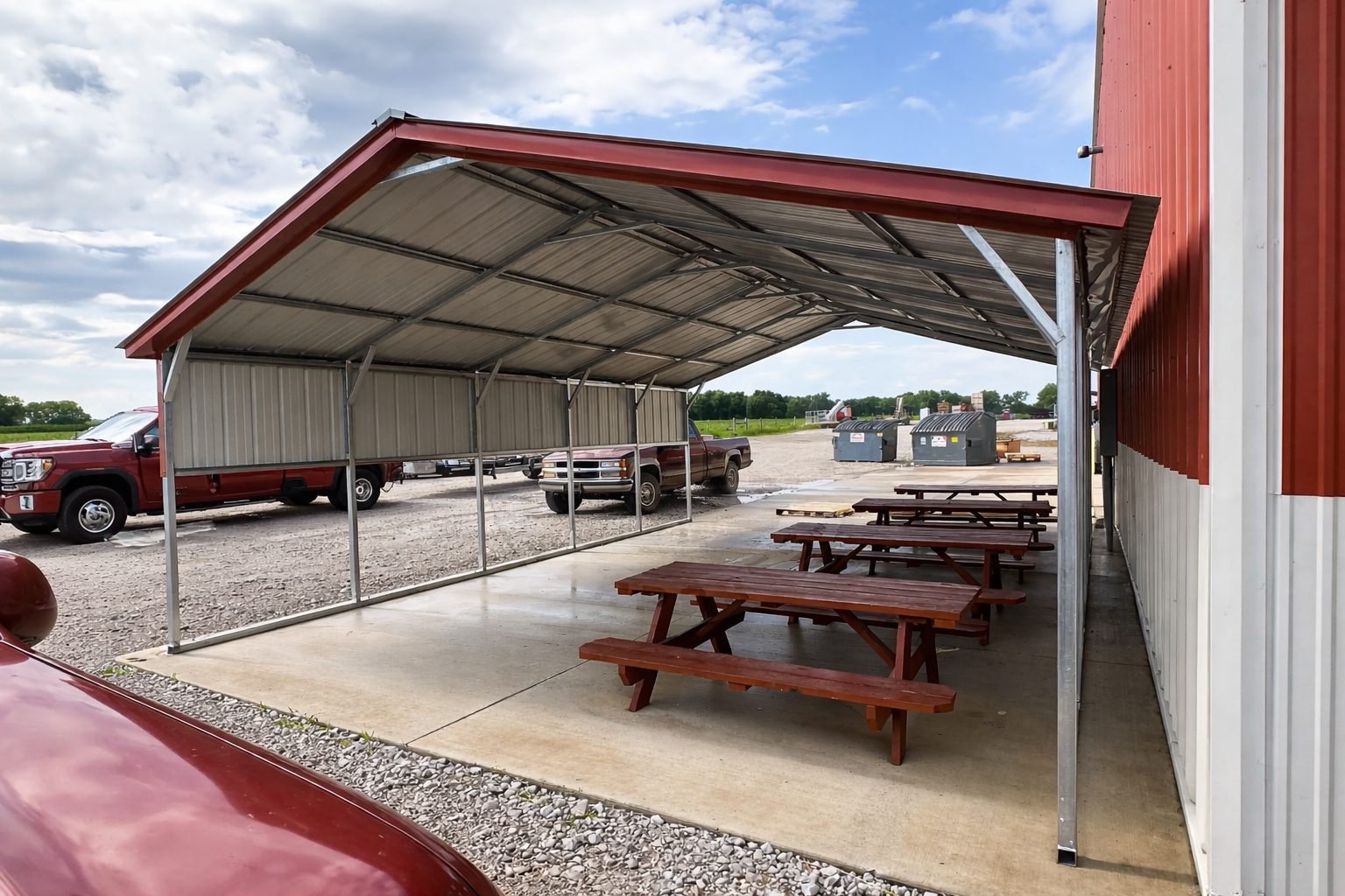 A-frame carport with picnic tables underneath, providing shade and shelter in a parking area.