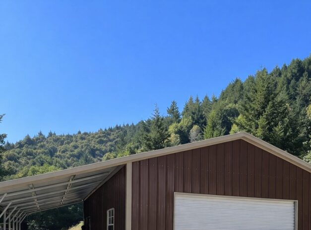 Custom carport structure in Grapevine, TX, featuring a metal exterior and a large garage door.