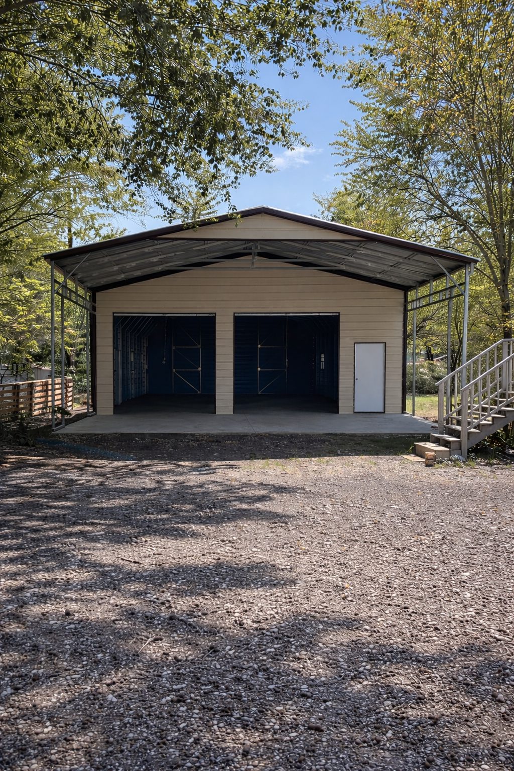 Custom carport in Grayling MI with a spacious design and blue doors, surrounded by trees and gravel driveway.