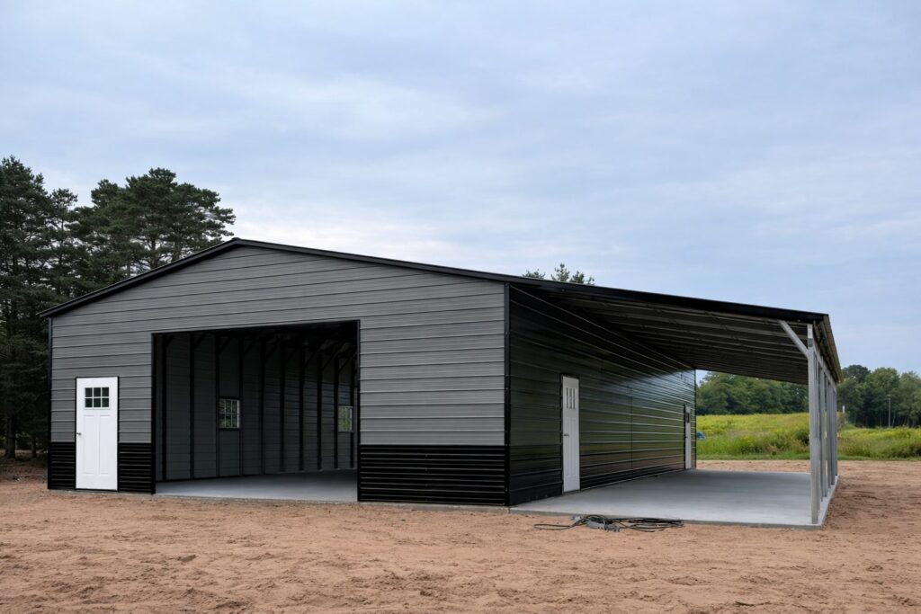 Custom garage in Hempstead, TX, featuring a sleek black and gray design with open and closed doors.