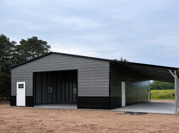 Custom garage in Hempstead, TX, featuring a sleek black and gray design with open and closed doors.