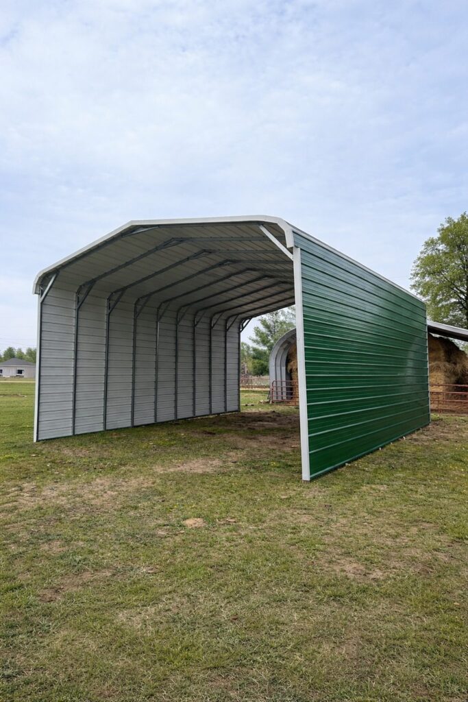 Standard framed carport with a green side, set in a grassy area, showcasing its spacious interior.