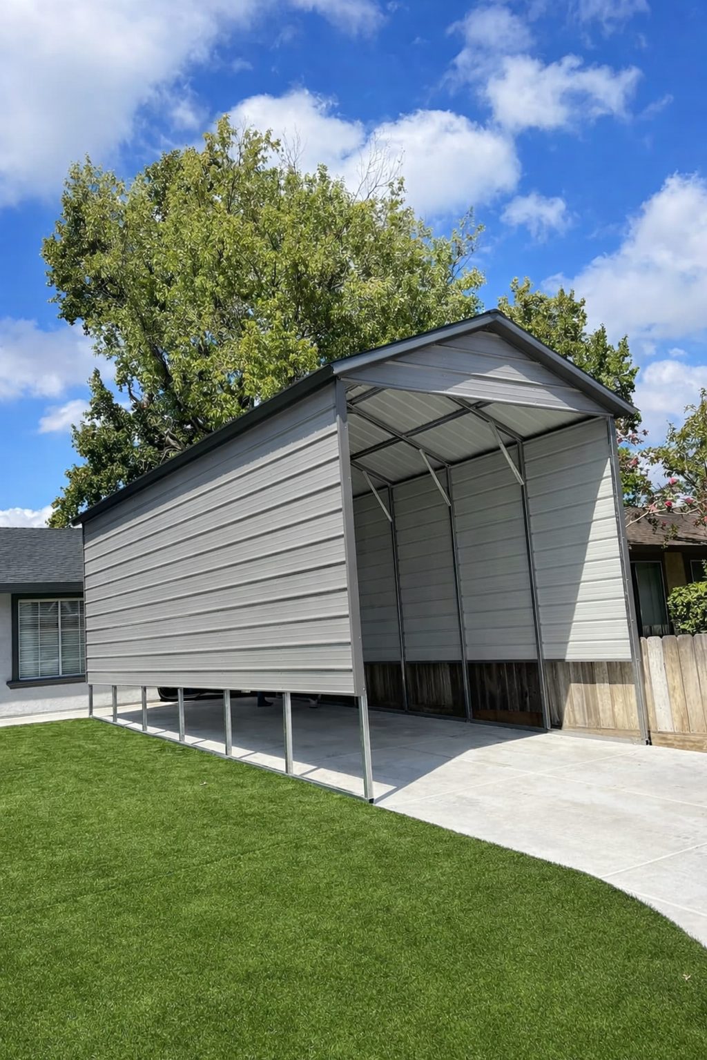 A-frame carport in Houston, TX, featuring a sleek design and ample space for vehicle protection.