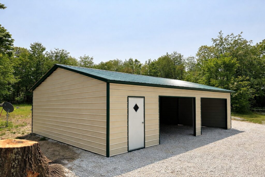 Standard garage in Hutchins, TX, featuring a beige exterior and green roof, surrounded by trees and gravel.